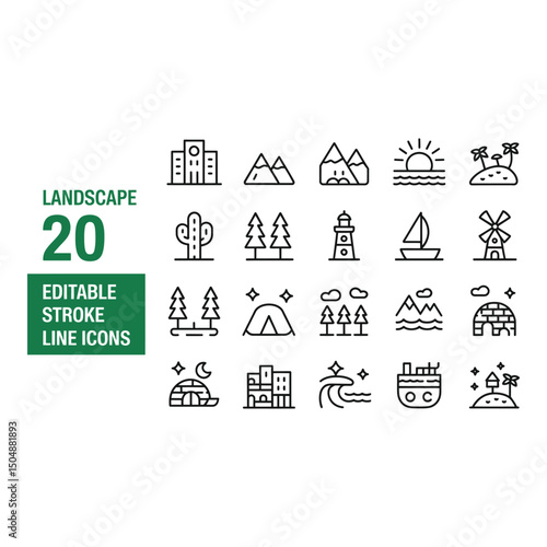 Landscape Icons Set Editable Stroke Line Icons featuring nature elements travel and adventure