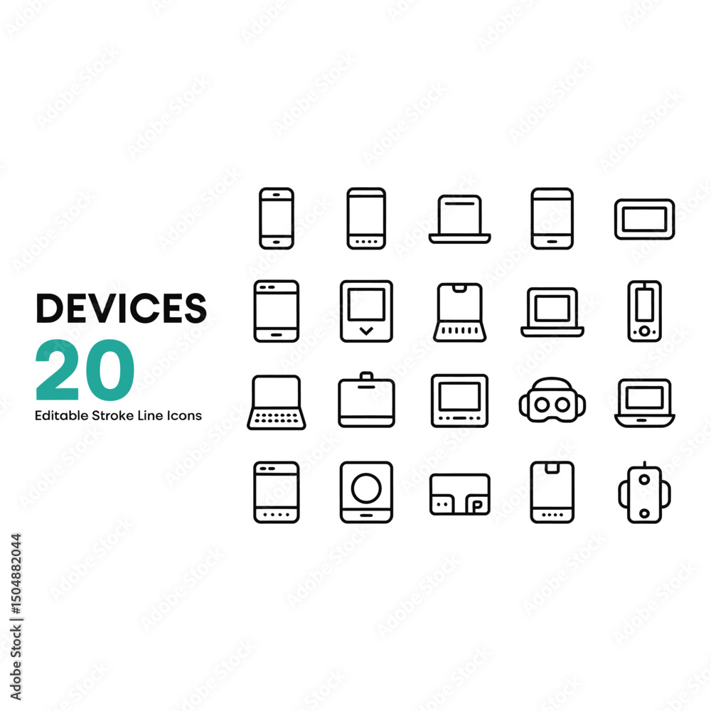 Modern device icons featuring phones laptops and gadgets portraying digital age with clean line art Modern device icons featuring phones laptops and gadgets portraying digital age with clean line art