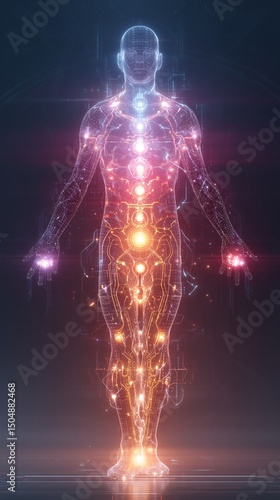 Seven chakras of the human body, Seven Chakras Aligned on Meditating Human Figure with Energy Light Effects, seven chakras, chakra alignment, yoga silhouette