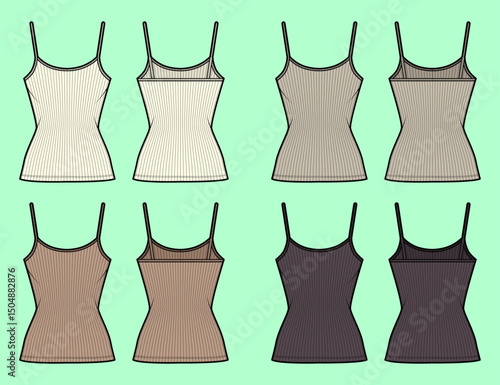 Ladies rib jersey tank tops colourway bundle technical drawing fashion flat sketch vector illustration template front and back views outline CAD mockup