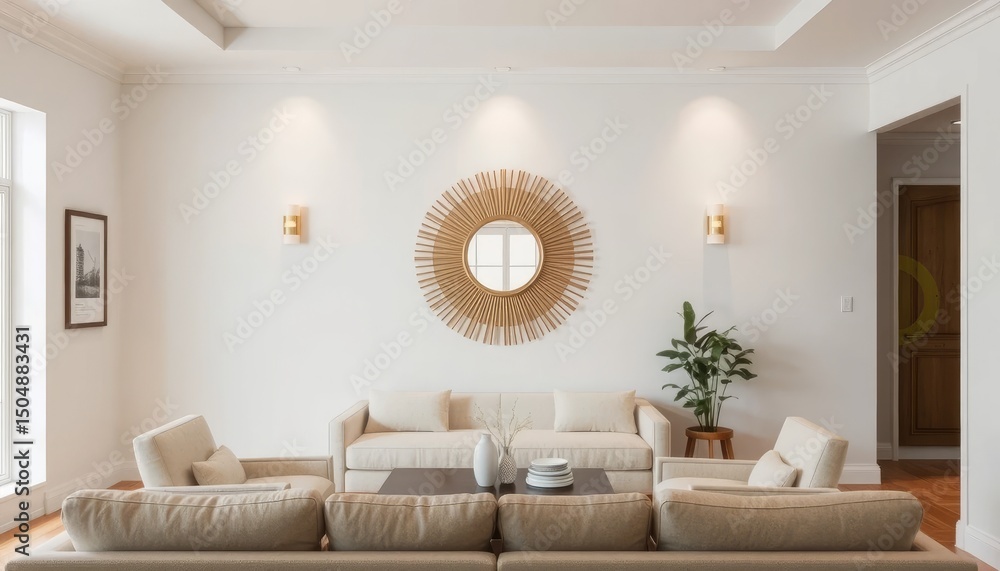 Fototapeta premium Modern Living Room Interior Design with Beige Sofa and Sunburst Mirror