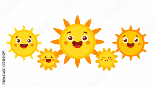 Set of cute Sun icons in flat style isolated on white background. Emoji. Smiling cartoon summer emoticons. Vector illustration