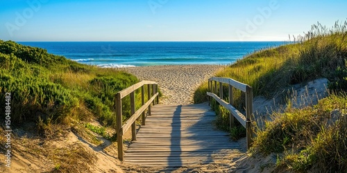 Fototapeta Naklejka Na Ścianę i Meble -  A coastal wooden pathway stretching along the shore, surrounded by dunes and greenery