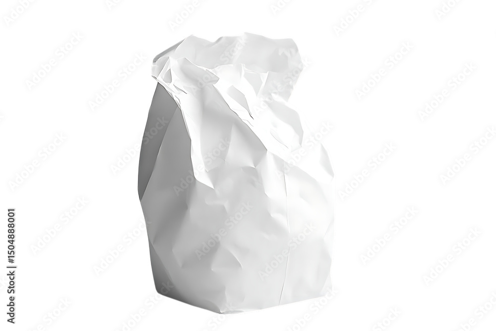 Fototapeta premium empty white paper packaging bag with natural wrinkles and creases, isolated on soft neutral background, detailed close-up with sharp focus and bright studio lights