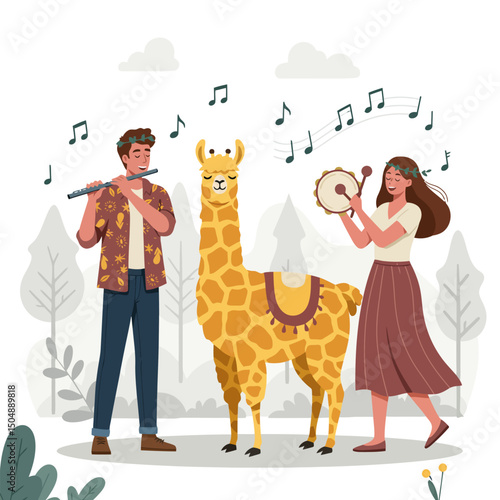 People Playing Music with Llama in Forest Illustration