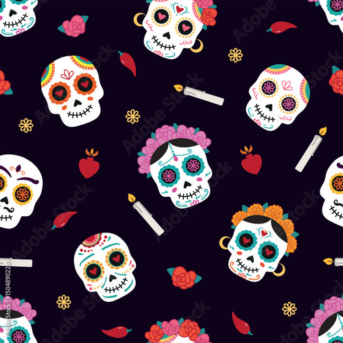 Seamless vector pattern dedicaed to mexican day of the dead with sculls, flowers, peppers and bones on purple background