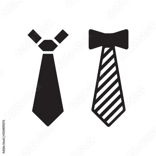 Two necktie icons set isolated on white background. Stylish, minimalist vector graphics of a necktie and a bow tie, perfect for presentations, fashion articles, or educational materials. Simple vector