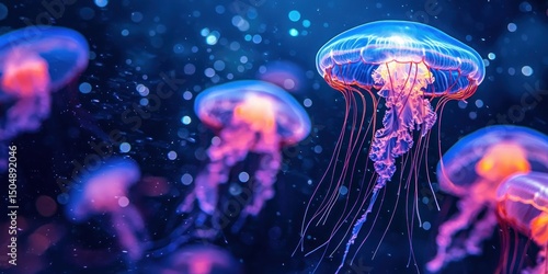 A deep-sea world where glowing jellyfish and luminescent fish illuminate the dark ocean depths