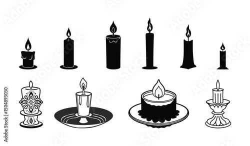 collection of candle silhouettes, candle line art vector, black and white vector.
