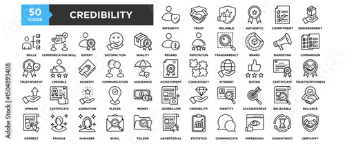 50 Credibility icon set. Containing design Believable, Reliance, Consistency, Certainty, Endorsement	
