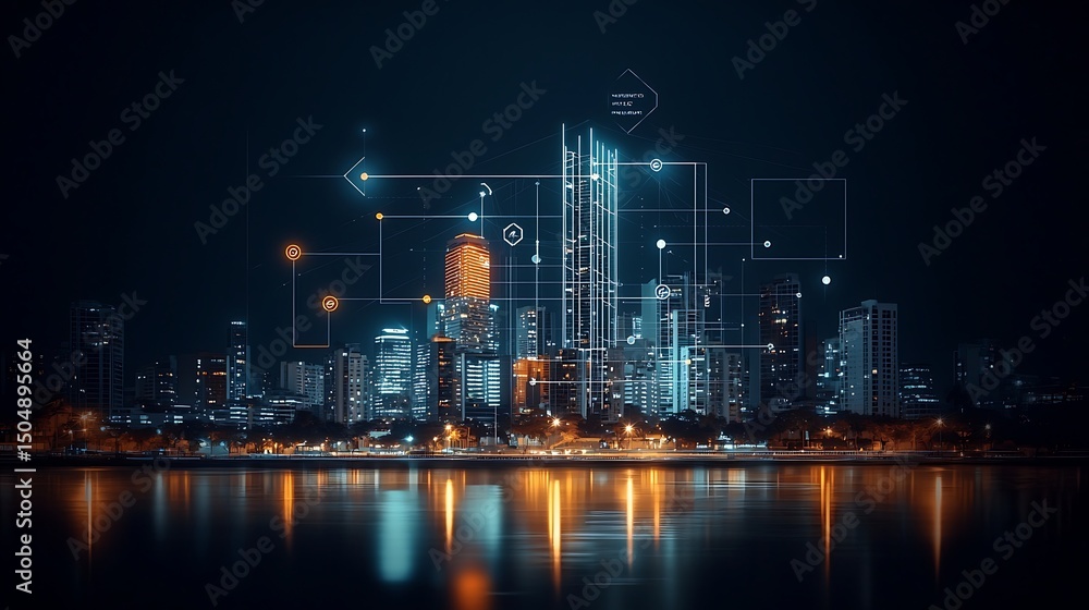 Fototapeta premium Futuristic city skyline at night, interconnected by digital network