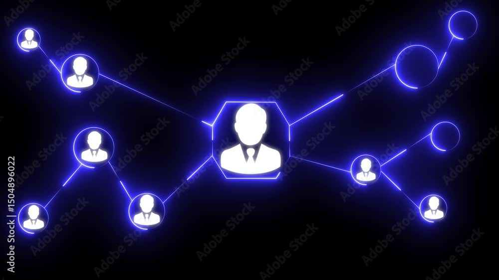 Animation of network of connections with icons and data processing over, Technology, Social network structure chain Internet and network system. Connected people avatars or icon.