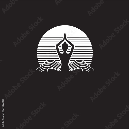 Yoga Practice Pose Icon Graphic Concept. Businessman working on laptop at office desk..eps