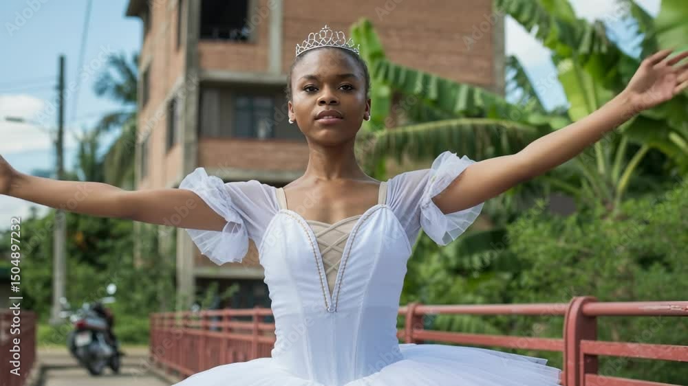 Elegant Black Ballerina in White Tutu Dancing Outdoors in Urban Neighborhood (Bailarina Negra com Tutu Branco Dançando ao Ar Livre em Bairro Urbano)