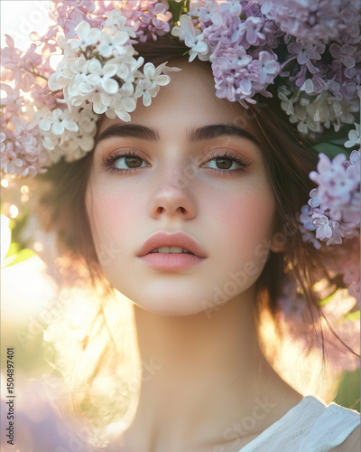A young woman with a flower crown enjoys the soft sunlight, her beauty radiating charm