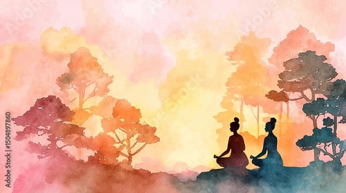 Experience tranquility: Pastel-colored meditation background with a watercolor painting. Women meditate in harmony for International Yoga Day. Ample copy space for postcards and banners.