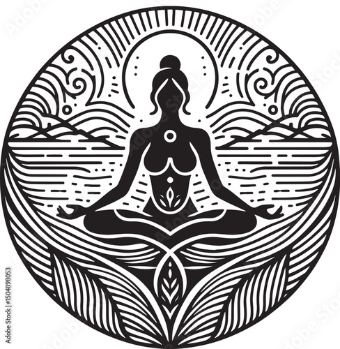 Yoga lotus position. Hand drawn vector illustration on a wooden background..eps