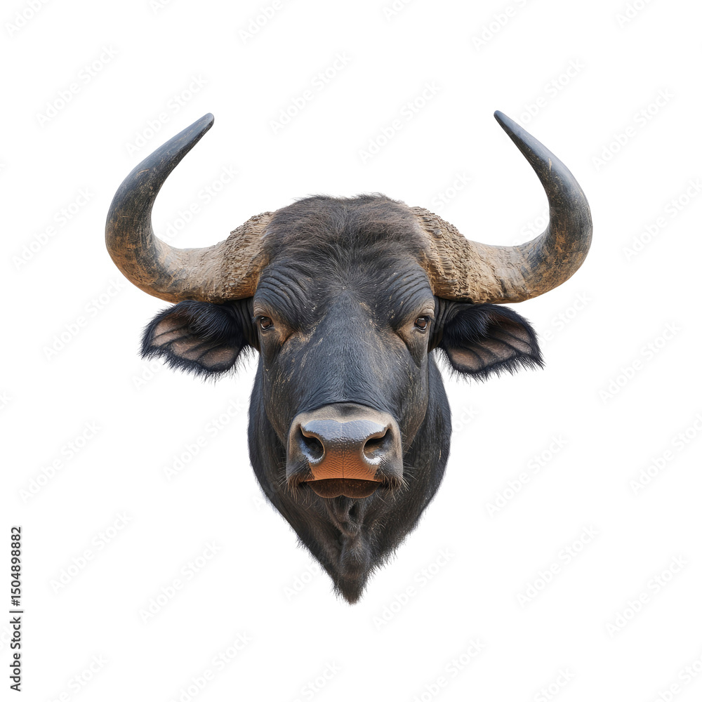 Naklejka premium Majestic Cape Buffalo Bull Headshot Against Transparent Background