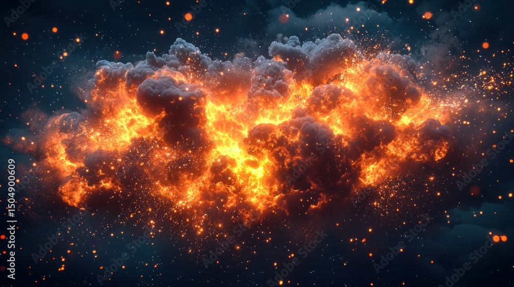 Fiery cloud explosion in dark night sky Fiery cloud explosion in dark night sky