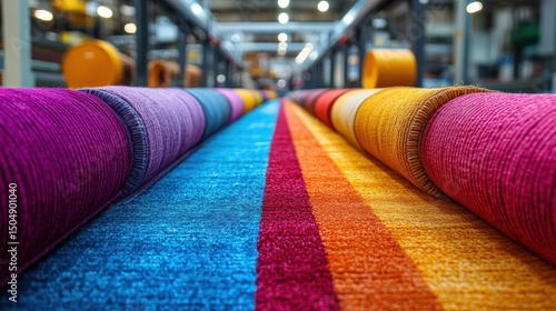 Colorful roll of carpets displayed in a textile factory environment