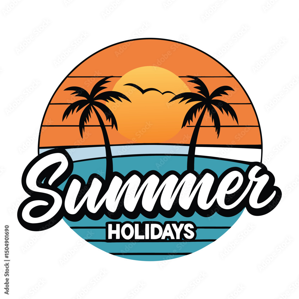Obraz premium Tropical summer holiday poster with a stunning sunset view, palm trees, and beach vibes—perfect for capturing the warmth, relaxation, and beauty of vacation time. 