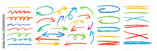 Crayon underline strokes isolated on white background. Colorful crayon arrows. Horizontal set lines made with pencils and brush strokes. Lines crossing out, arrows and underlining.