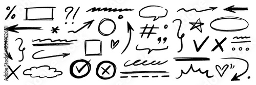 Hand drawn line chalk brush stroke arrow icon set. Chalk crayon underline, check mark, scribble and texture in rough hand sketch style. Drawn heart, frame, star design shapes. Vector illustration