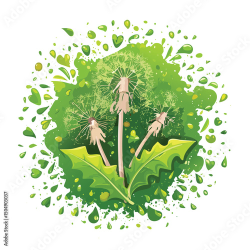 Dandelion Greens splash Colorful Vector in Adorable Comic Style with Expressive Lines.