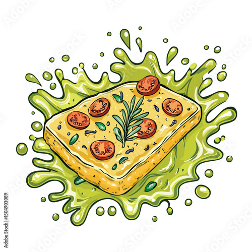 Focaccia splash Colorful Vector in Adorable Comic Style with Expressive Lines..