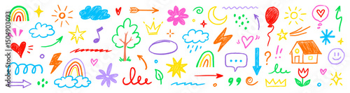 Wallpaper Mural Hand drawn crayon child pencil style icon set. Cute rainbow, heart, crown, flower and sun in colorful kid doodle style. Chalk texture, cloud, smile, star and sketch figure for play or school design Torontodigital.ca
