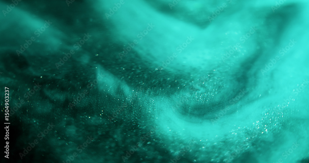 Fototapeta premium Blur turquoise water. Waves flare. Smooth bright cyan blue sparkling glow bokeh light abstract dark blurred background.