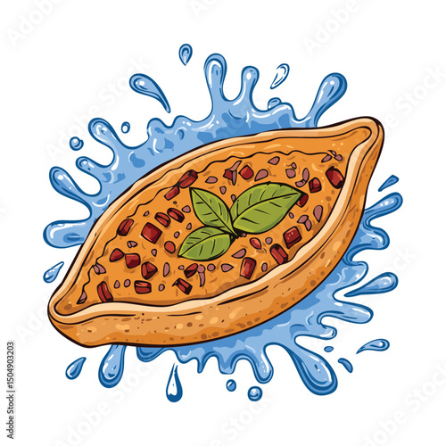 Turkish Pide splash Colorful Vector in Adorable Comic Style with Expressive Lines..
