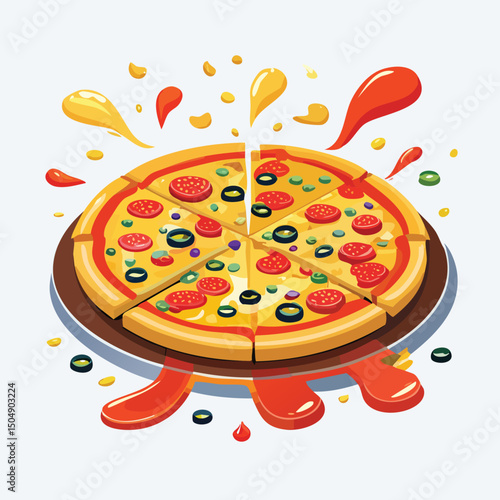 Pizza with Sauce Splash creative isometric illustration with layered dimension and depth cues.