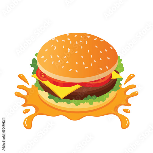 Hamburger with Sauce Splash creative isometric illustration with layered dimension and depth cues.
