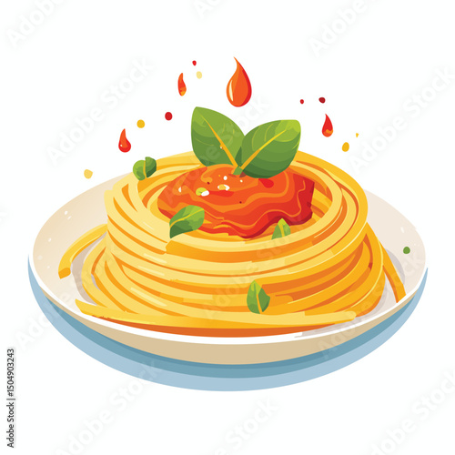 Spaghetti with Sauce Splash creative isometric illustration with layered dimension and depth cues.
