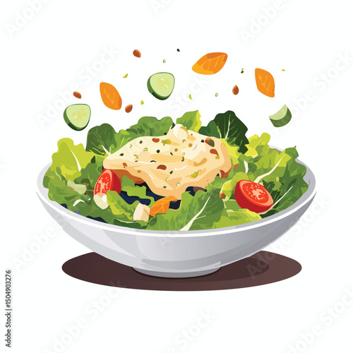Caesar Salad with Sauce Splash creative isometric illustration with layered dimension and depth cues.