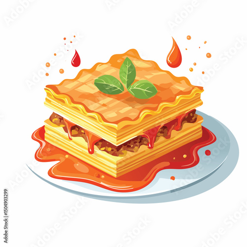 Lasagna with Sauce Splash creative isometric illustration with layered dimension and depth cues.