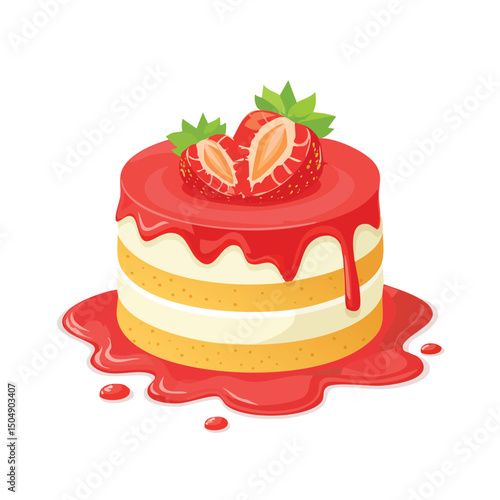 Strawberry Shortcake with Sauce Splash creative isometric illustration with layered dimension and depth cues.