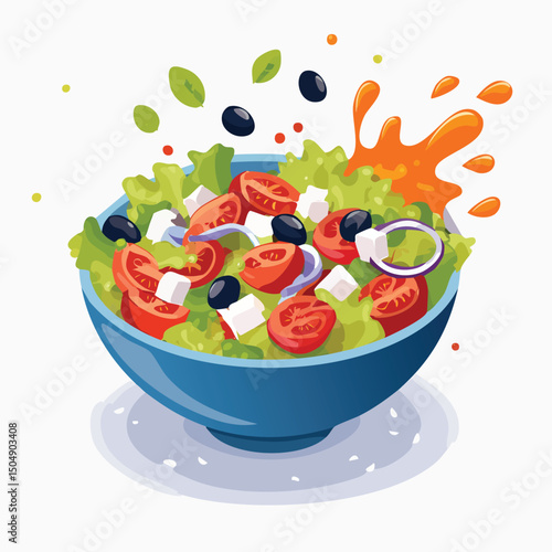 Greek Salad with Sauce Splash creative isometric illustration with layered dimension and depth cues.