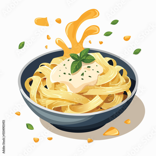 Chicken Alfredo with Sauce Splash creative isometric illustration with layered dimension and depth cues.