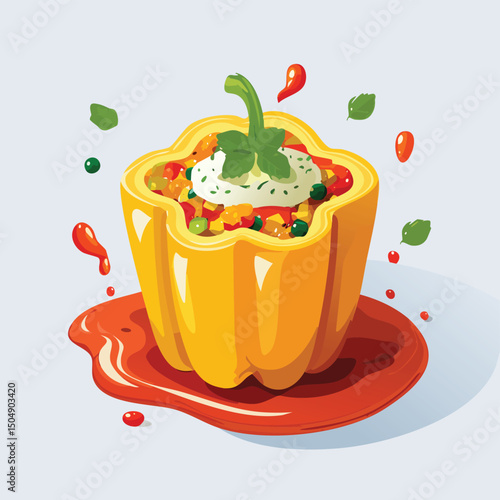 Stuffed Peppers with Sauce Splash creative isometric illustration with layered dimension and depth cues.