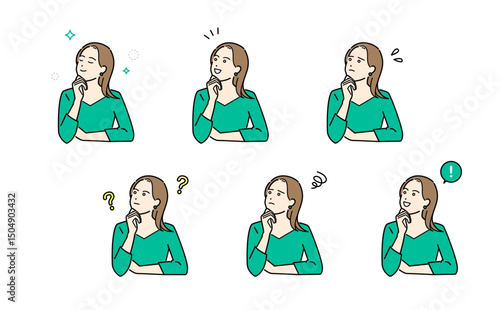 いろんな表情をする私服の女性のイメージイラストセット