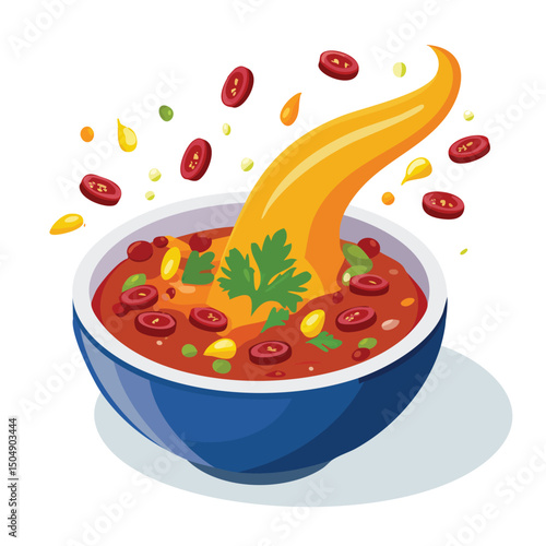 Chili Con Carne with Sauce Splash creative isometric illustration with layered dimension and depth cues.