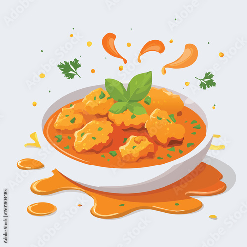 Chicken Tikka Masala with Sauce Splash creative isometric illustration with layered dimension and depth cues.