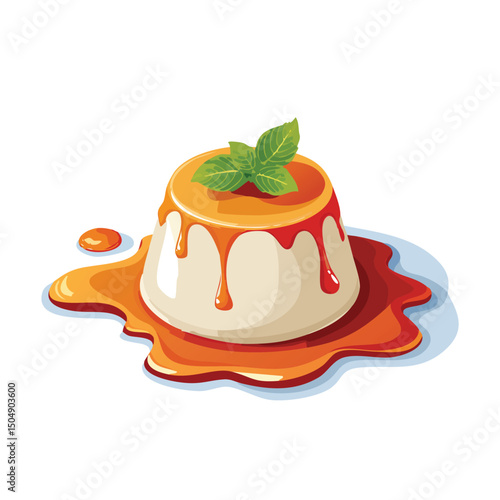 Panna Cotta with Sauce Splash creative isometric illustration with layered dimension and depth cues.