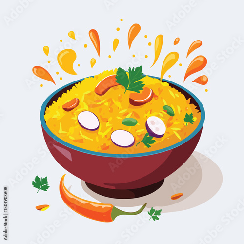 Biryani with Sauce Splash creative isometric illustration with layered dimension and depth cues.