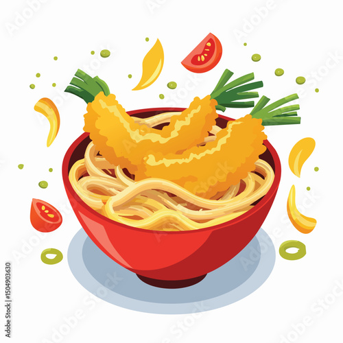 Tempura Udon with Sauce Splash creative isometric illustration with layered dimension and depth cues.