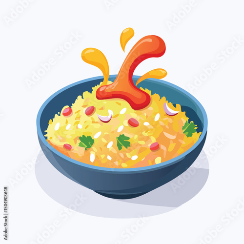 Fried Rice with Sauce Splash creative isometric illustration with layered dimension and depth cues.