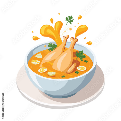 Chicken Soup with Sauce Splash creative isometric illustration with layered dimension and depth cues.