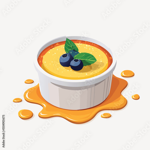 Crème Brûlée with Sauce Splash creative isometric illustration with layered dimension and depth cues.